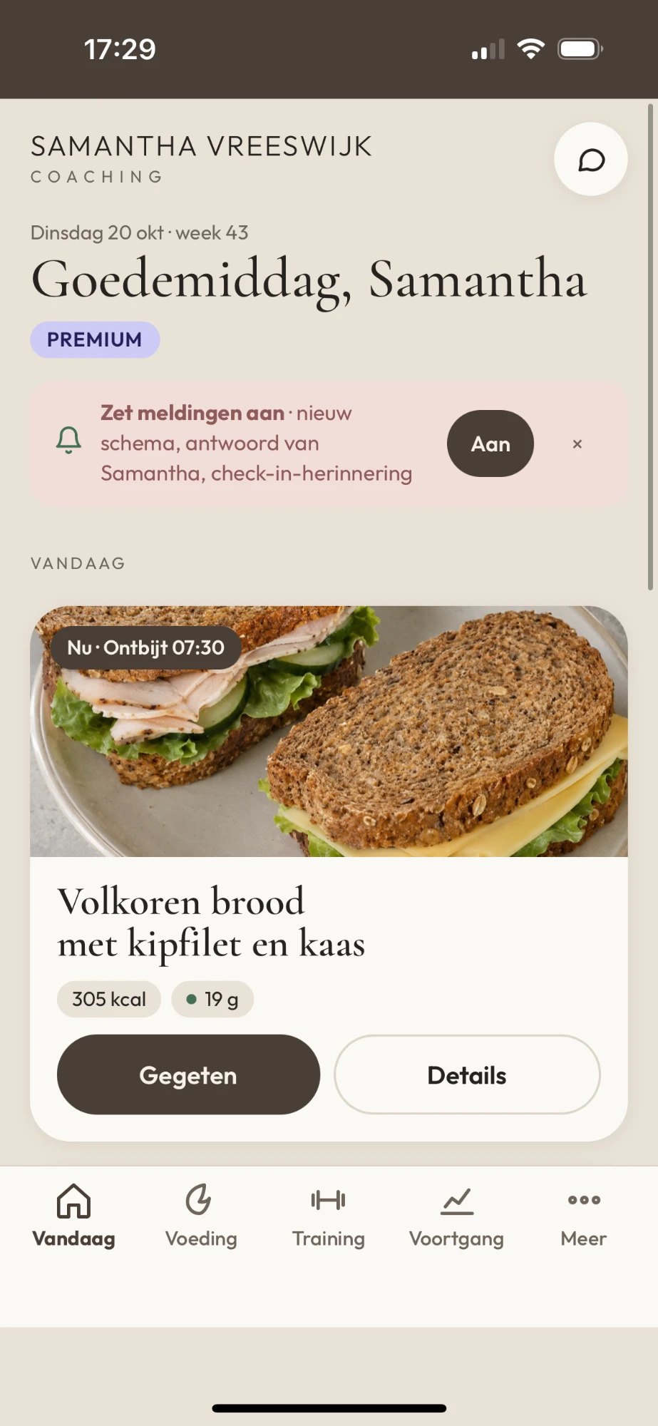 Startscherm van de coaching-app